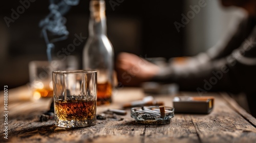 Obraz na płótnie Alcohol addiction. Whiskey in glass, bottle, cigarettes and ashtray on wooden table w salonie