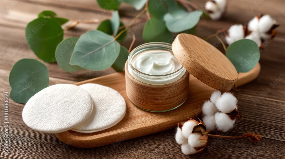 Foaming facial cleanser and with eco pads on wooden background, top view