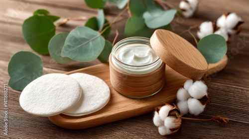 Obraz na płótnie Foaming facial cleanser and with eco pads on wooden background, top view w salonie