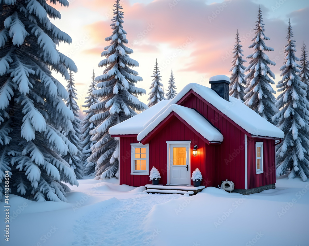Fototapeta premium Charming Winter Cabin, A Rustic Red House Nestled in a Snowy Forest Landscape under a Pastel Sunset Sky showcasing Peaceful Holiday Scenery and Serene Atmosphere