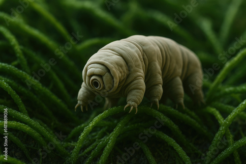 Water Bear in Green Moss: Explore the mesmerizing detail of a microscopic water bear, a tiny marvel of resilience, traversing a vibrant landscape of textured green moss.