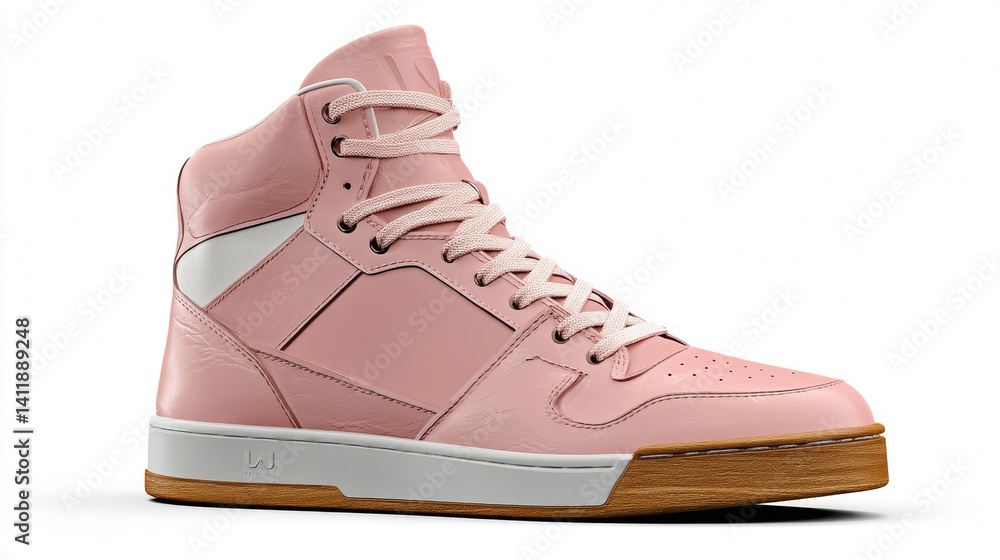 Pink women's basketball sneaker with high sole. Female sports shoe, boot isolated on white background. Footwear, casual leather training shoe. Template, mock up