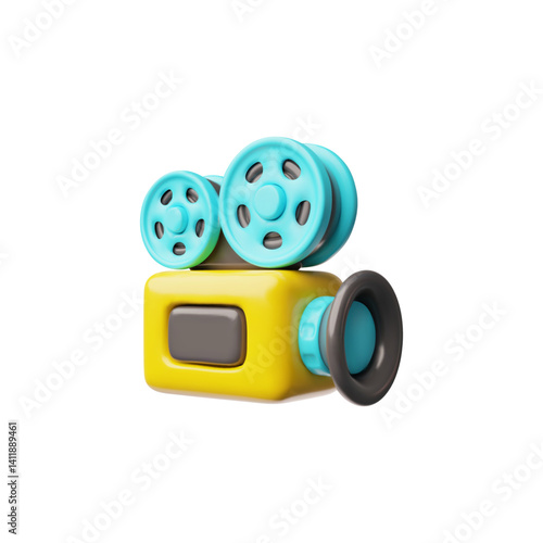 Video camera with films 3D plastic cartoon vector icon, film recorder professional equipment, movie cinema industry