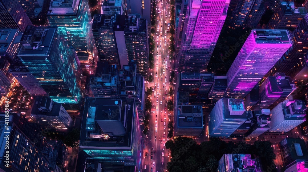 Aerial View of City Skyline with Vibrant Lights at Night
