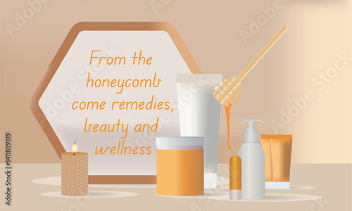 Honey beauty products promoting wellness and remedies from honeycomb