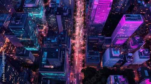 Obraz na płótnie Aerial View of City Skyline with Vibrant Lights at Night w salonie