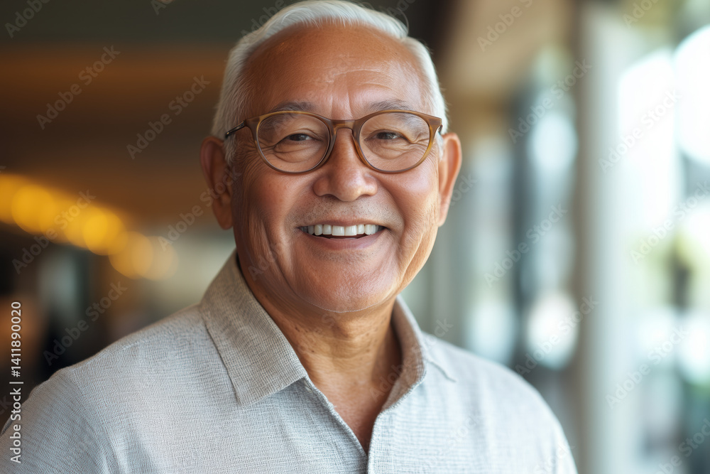Fototapeta premium Portrait of a smiling elderly man in glasses with ambient background