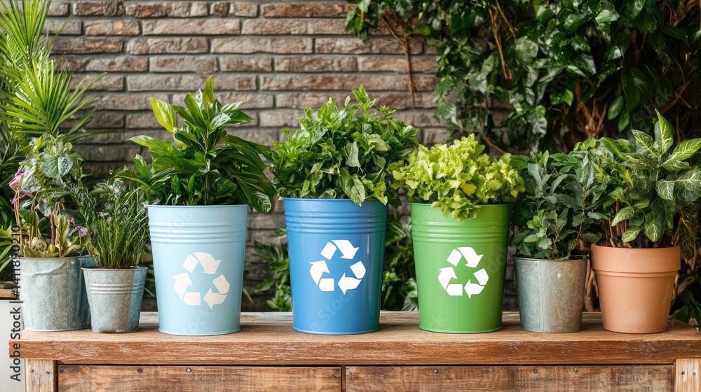 Eco-Friendly Indoor Plants in Colorful Containers on Rustic Table