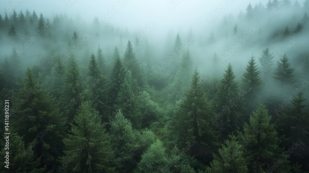 Moody morning in foggy pine forest with layers of mist