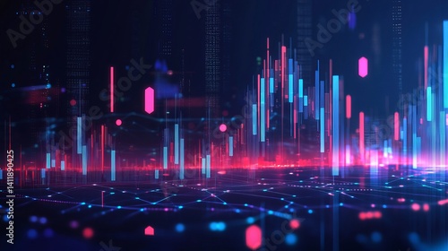 Abstract digital cityscape with vibrant neon data streams and financial charts red bars blue pink
