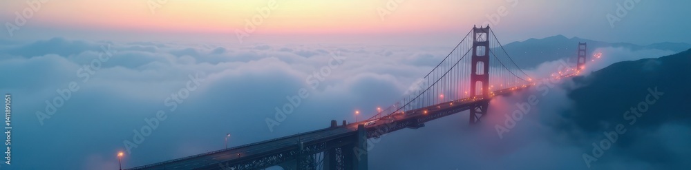 Fototapeta premium Dense fog obscures bridge traffic, early morning , urban, traffic