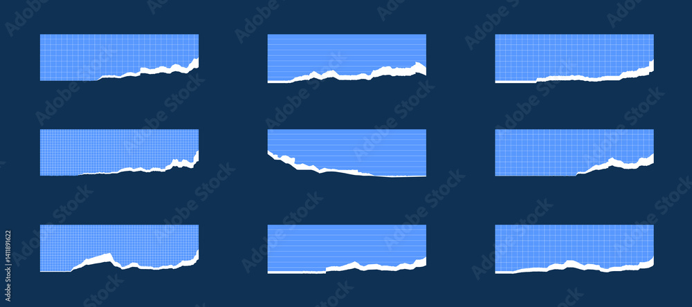 Fototapeta premium Blue torn ripped paper edge border frame vector set collection. Paper ripped corners, borders, and frames. Torn paper ripped edge shape for banners, certificates, invitations, and covers design