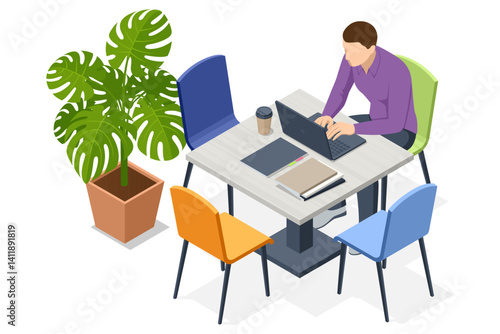 Isometric vector illustration of a man working alone at a coworking table with colorful chairs and a plant nearby. Project tracking, agile workflow