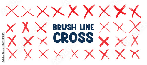 Red cross mark brush line in various style. Hand brush X marks, cancel, wrong, and close icon element vector illustration. Marker grunge sketch style cross symbols and reject checkboxes collection