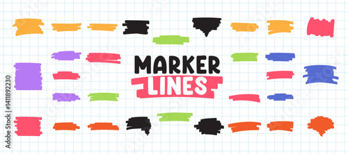Colorful bold highlighter marker brush lines vector set collection. Underline, scribbles, curved, thick and thin marker highlighter. Hand drawn brush vector elements for highlighting and decoration