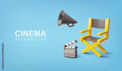 3D vector banner with folding yellow chair, clapperboard, and director's loudspeaker.