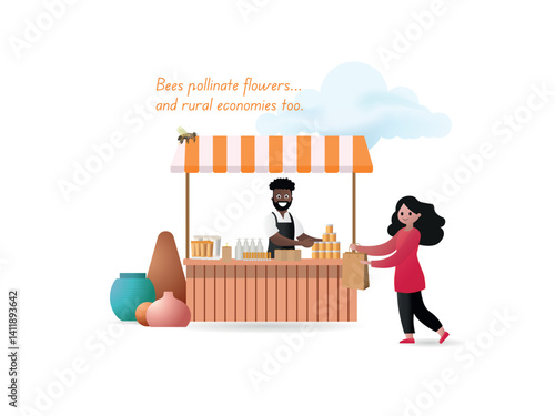 Woman buying honey at outdoor market supporting rural economy and bees pollination