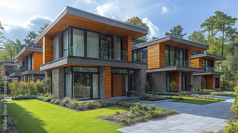 Modern residential development with sleek architecture and lush landscaping Modern residential development with sleek architecture and lush landscaping
