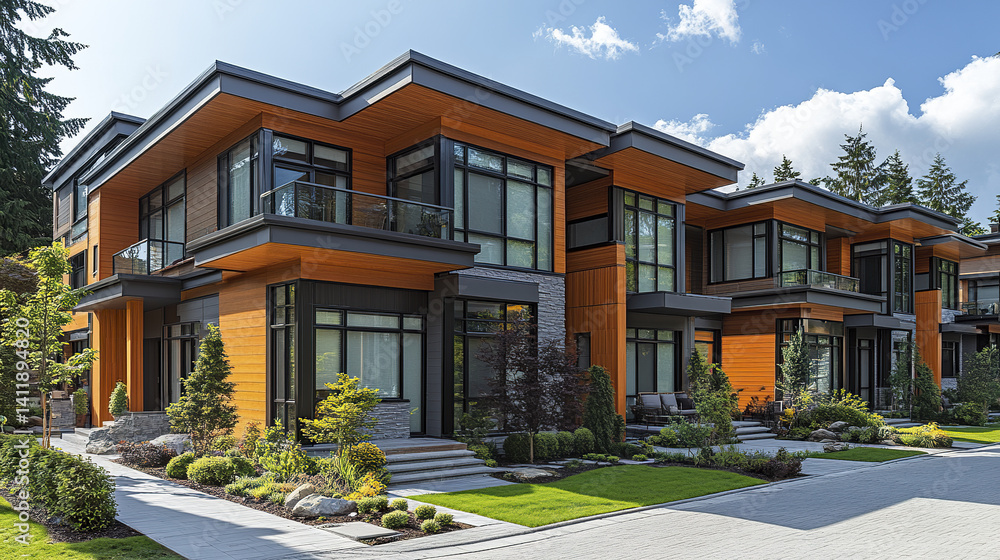 Fototapeta premium Modern residential development with sleek architecture and lush landscaping