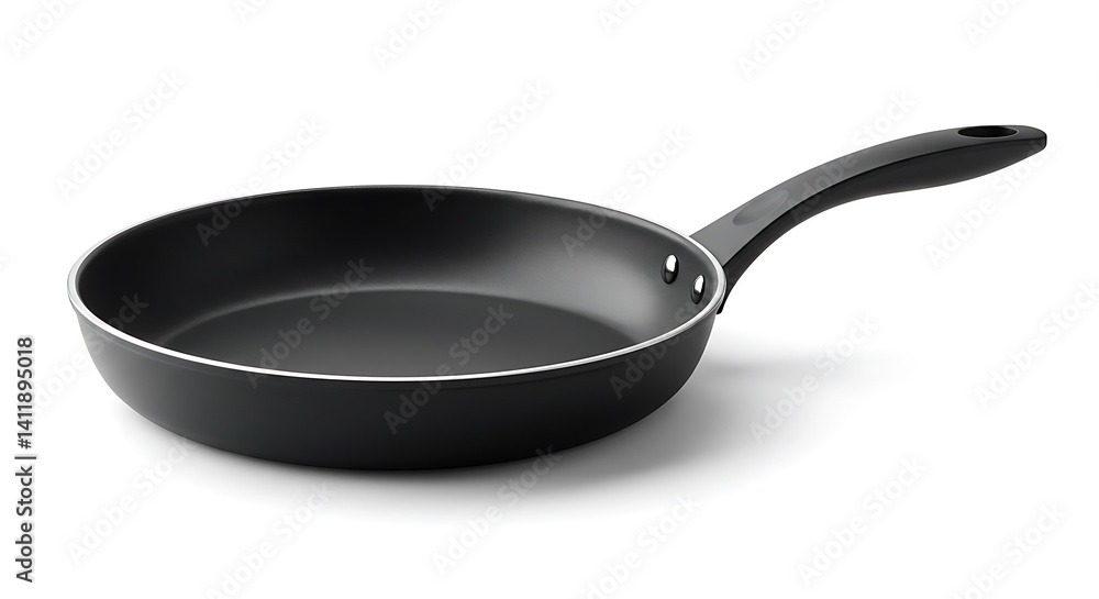 Nonstick Frying Pan: Matte Black, Silver Rim, Isolated on White, Kitchen Cookware. Nonstick Frying Pan: Matte Black, Silver Rim, Isolated on White, Kitchen Cookware.