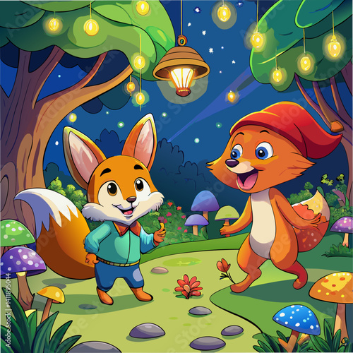 Happy foxes enjoying a magical evening walk under glowing lanterns in an enchanted forest