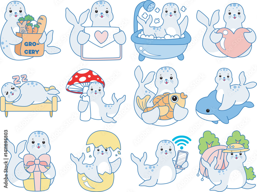 Fototapeta premium Cute Seal vector icon. Funny baby Seal animal series stock illustration. Life of fluffy Seal designs.