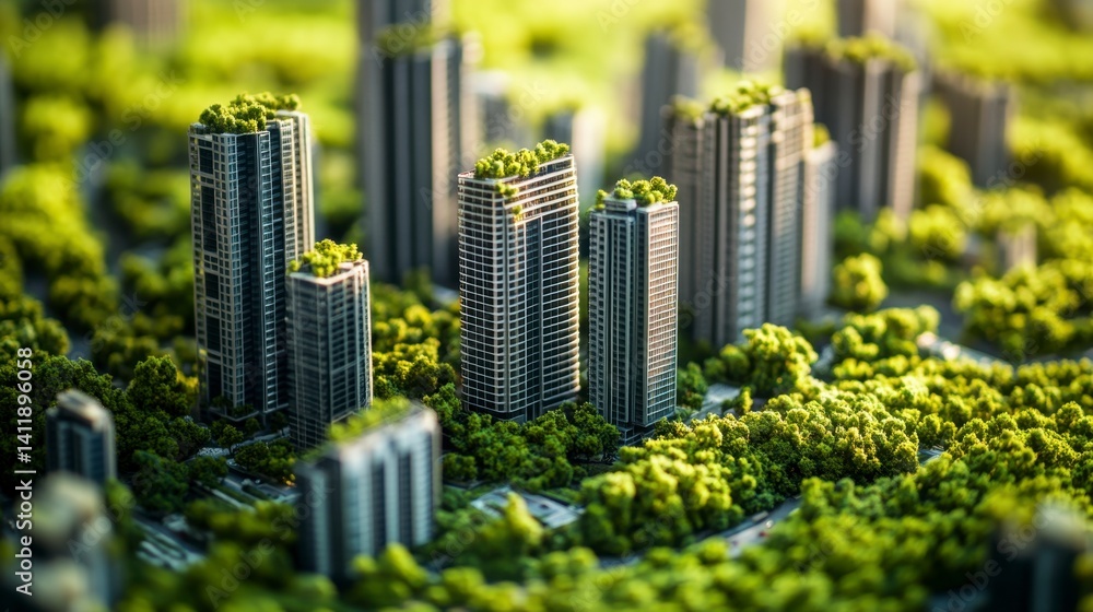 Obraz premium Urban Landscape of Modern Towers Surrounded by Lush Greenery