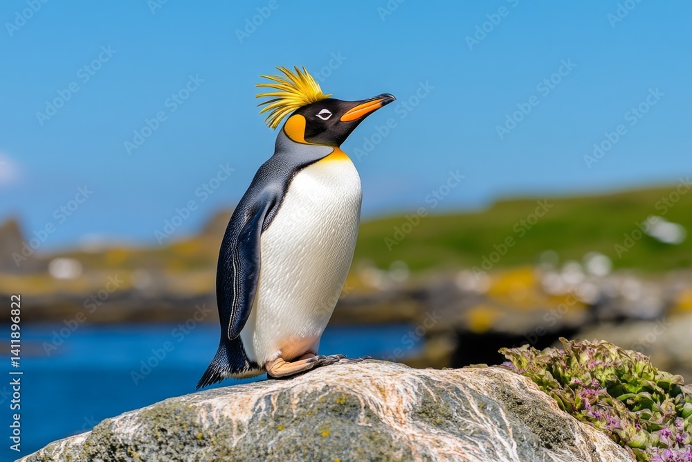 A Macaroni penguin with its distinctive yellow crest, standing proudly on a rock