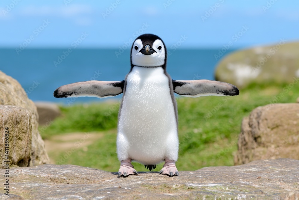 Naklejka premium A baby penguin flapping its tiny wings, trying to balance on the ice