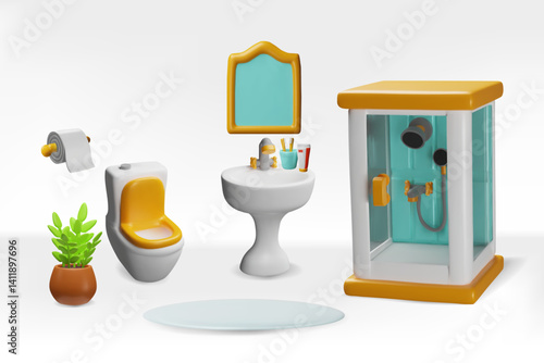 Bathroom interior vector set, 3D realistic sink and mirror, toilet bowl, matpotted plant, toilet paper and shower stall