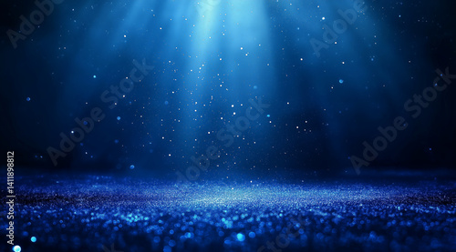 Glowing particles and light dots on a deep blue background