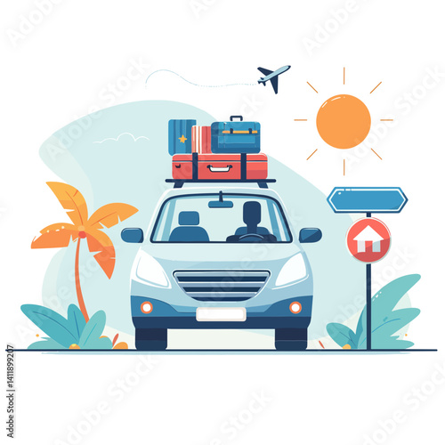 Vector illustration of a car packed with luggage ready for a summer road trip under the sun