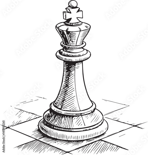 Chess Piece, Board Game, Black and White Vector Illustration, Sketch Drawing Line Linear Symbol Icon Engraving, Hand-drawn Isolated