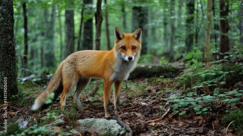 Red fox, vulpes vulpes in forest. Wild animal in natural environment. Wildlife scene from nature