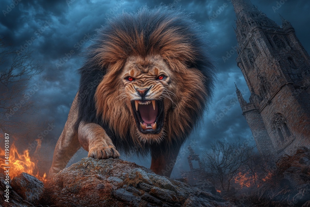 Naklejka premium A gothic-style lion with black fur and deep crimson eyes, prowling through a ruined castle at midnight