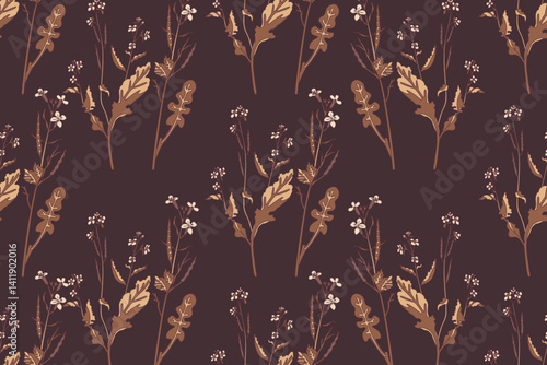Botanical floral seamless pattern with wildflowers bouquet vector illustration.Repeating plants with stems, leaves, flowers in pastel brown background. Graphic design for Fashion Cover Textile Wedding