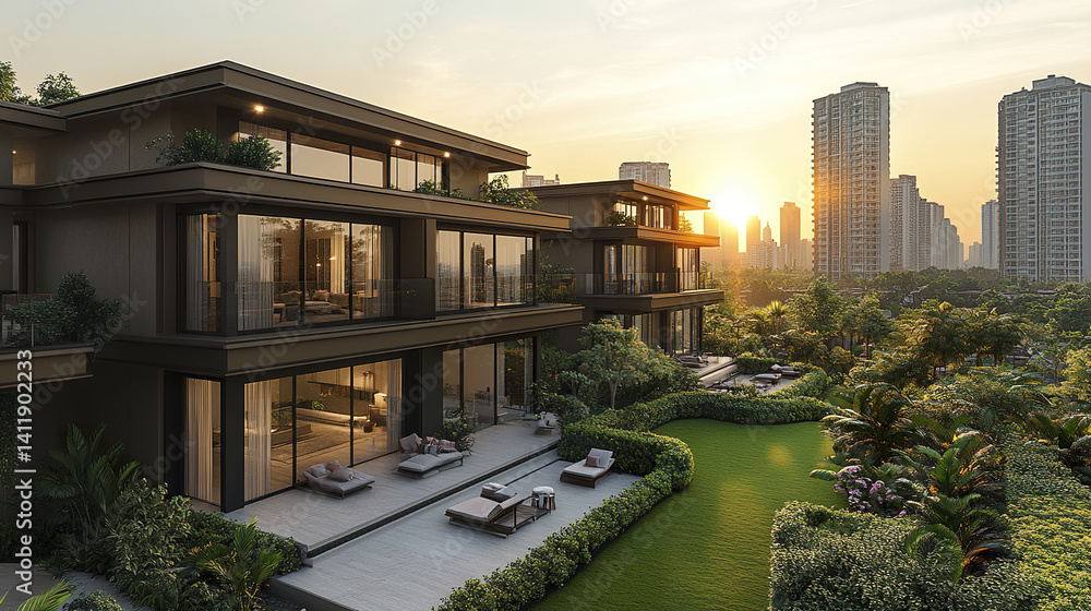 Fototapeta premium Modern urban housing with lush greenery and city skyline at sunset