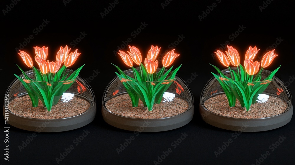 Three glowing tulips in glass domes