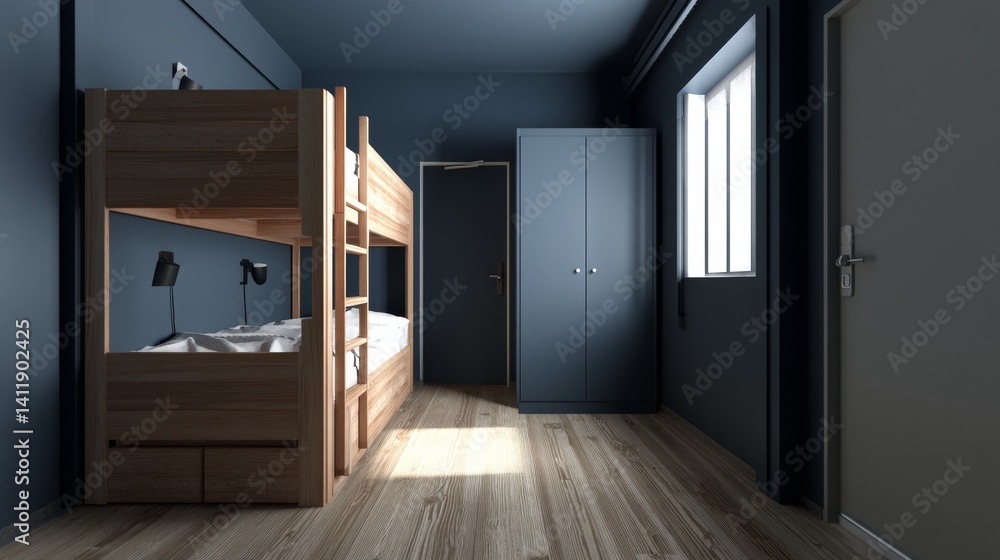 A room in blue navy tones - a wall, a wardrobe, a door. Gray bunk bed with drawers. The space of a hostel or boys room in a minimalist style. Black spots and wood floor. 3d rendering