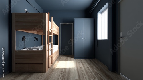 Obraz na płótnie A room in blue navy tones - a wall, a wardrobe, a door. Gray bunk bed with drawers. The space of a hostel or boys room in a minimalist style. Black spots and wood floor. 3d rendering w salonie