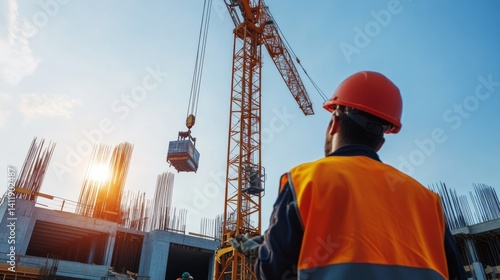 A crane operator guiding a load at a construction site. Featuring skill and concentration
