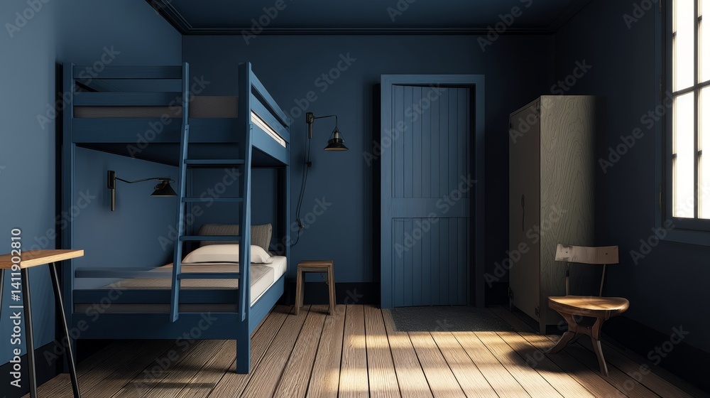 A room in blue navy tones - a wall, a wardrobe, a door. Gray bunk bed with drawers. The space of a hostel or boys room in a minimalist style. Black spots and wood floor. 3d rendering