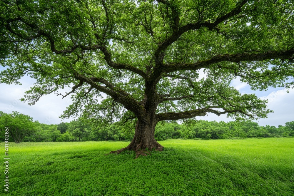 A large oak tree with roots stretching out in all directions, showing centuries of strength A large oak tree with roots stretching out in all directions, showing centuries of strength