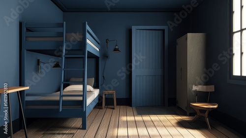 A room in blue navy tones - a wall, a wardrobe, a door. Gray bunk bed with drawers. The space of a hostel or boys room in a minimalist style. Black spots and wood floor. 3d rendering