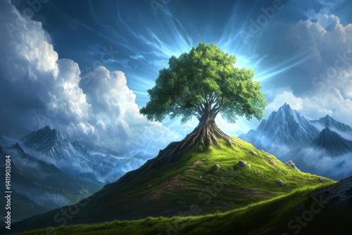 A legendary tree whose roots shimmer with silver light, said to hold the key to an ancient lost civilization