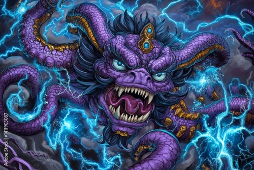 Wallpaper Mural A legendary hydra with multiple serpent heads, each breathing different elements like fire, ice, and lightning Torontodigital.ca