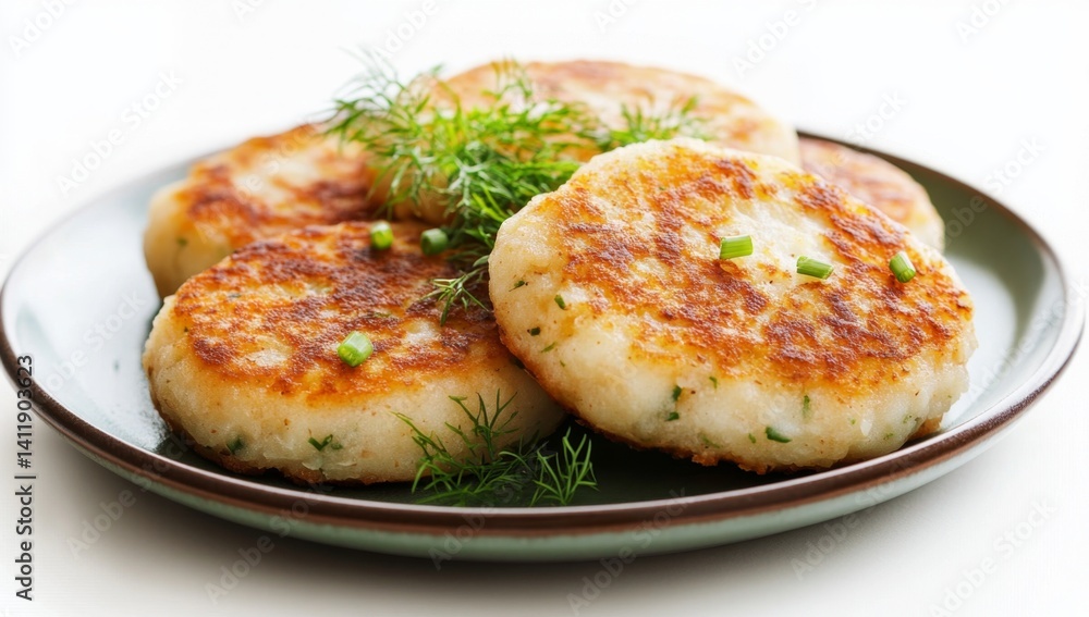Crispy, golden fish cakes on a plate Crispy, golden fish cakes on a plate
