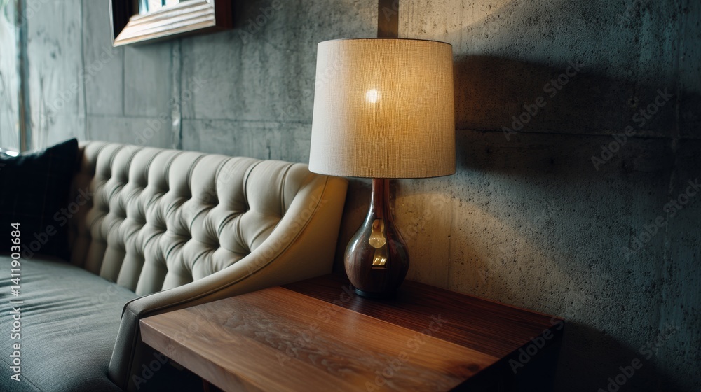 Stylish night lamp on wooden table and sofa in room. Interior design