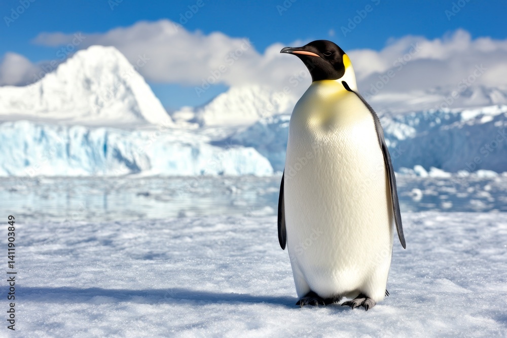 Naklejka premium A majestic emperor penguin standing tall on an icy glacier, with a golden sunset reflecting off the snow