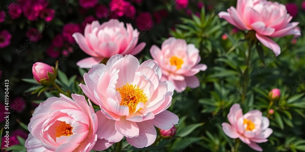 Full bloom pink peonies, lush garden backdrop, petals, nature photography Full bloom pink peonies, lush garden backdrop, petals, nature photography